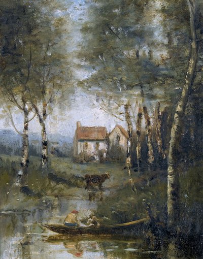Floden med båd og huset af Jean Baptiste Camille Corot